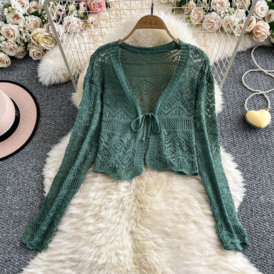 Women Tie Front Crop Cardigan Sheer Openwork Crochet Knit | SAMAG
