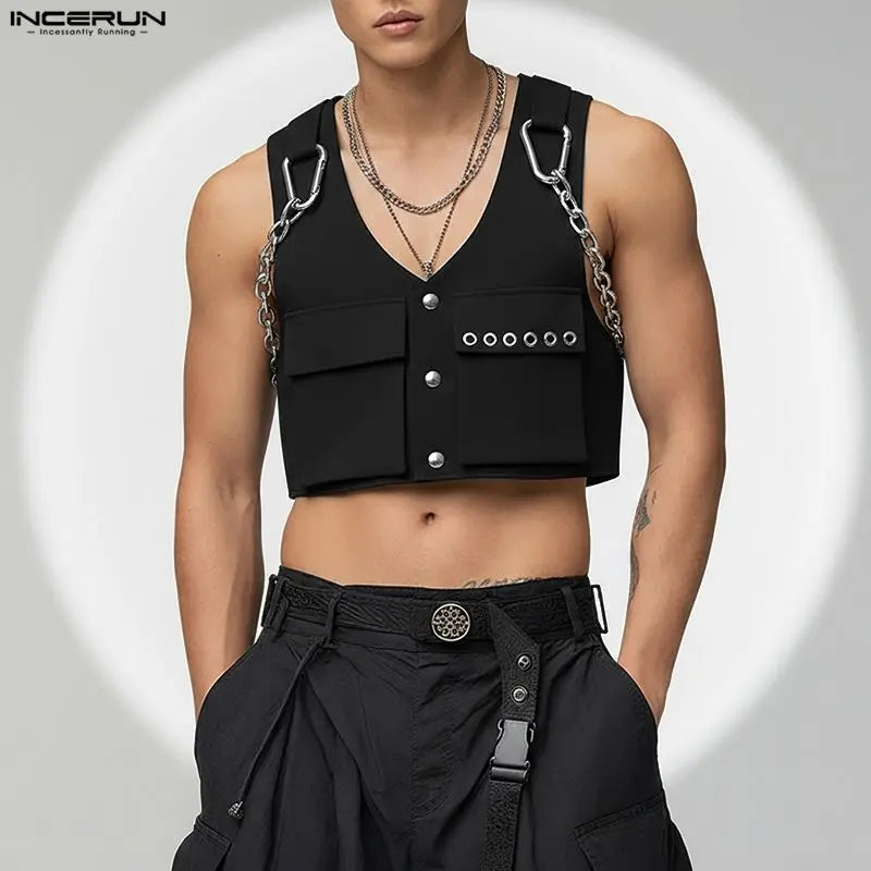INCERUN Men Vests Solid Color Chain Decoration V Neck Sleeveless Crop Tops Men Streetwear Fashion Casual Male Waistcoats S-3XL