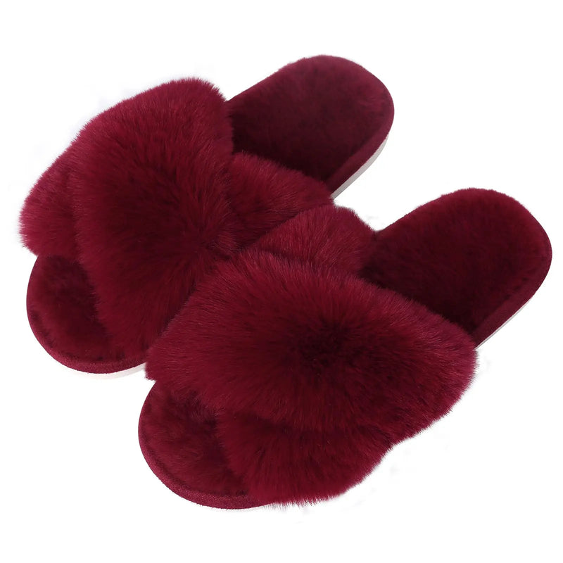 Shevalues Fashion Fluffy Home Slippers For Women Winter Indoor Open Toe Furry Cotton Shoes New Casual Furry Cozy Soft Slippers