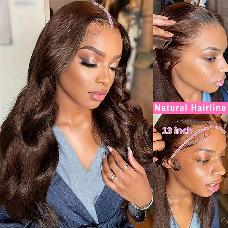 220% Density Chocolate Brown Body Wave Lace Front Human Hair Wig 13x4 13x6 HD Transparent Lace Frontal #4 Colored Wigs For Women
