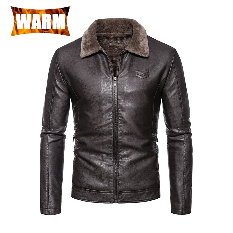 Faux Fur Faux Leather Men Jacket Thickened Plush Lining Warm PU Leather Jacket Brown Leather Jacket Winter Faux Fur Collar Coat