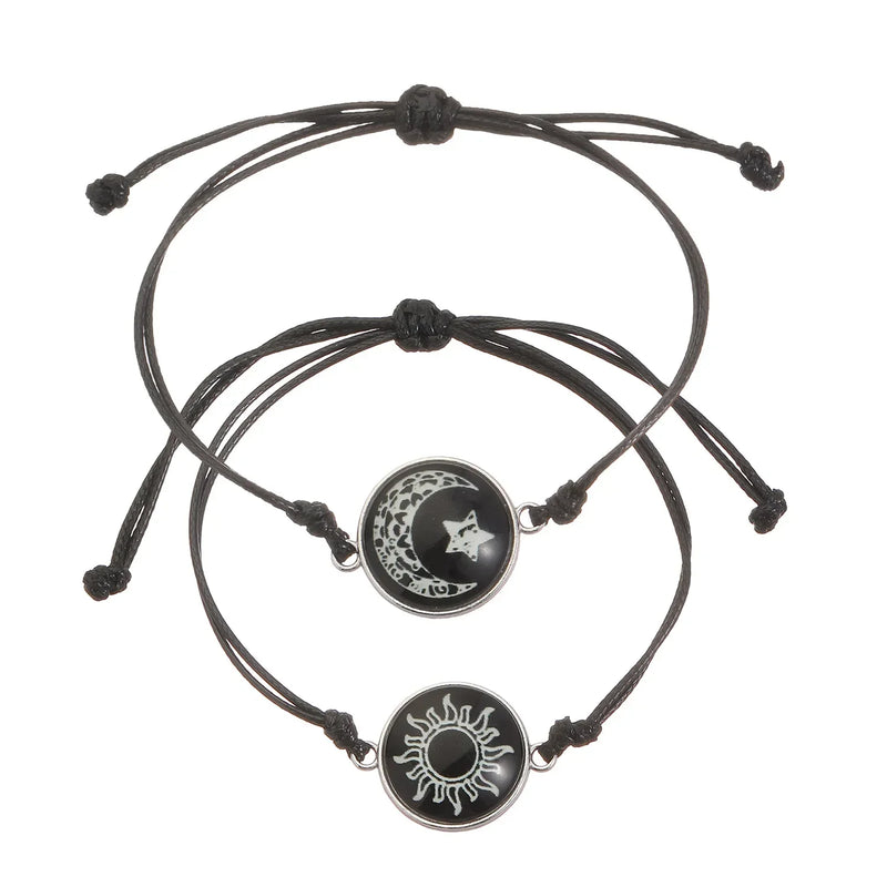 Handmade Braided Couple Bracelets Sun Moon Themed Glow In The Dark Glass Bead Adjustable Rope Wrist - Visuel 8 | SAMAG
