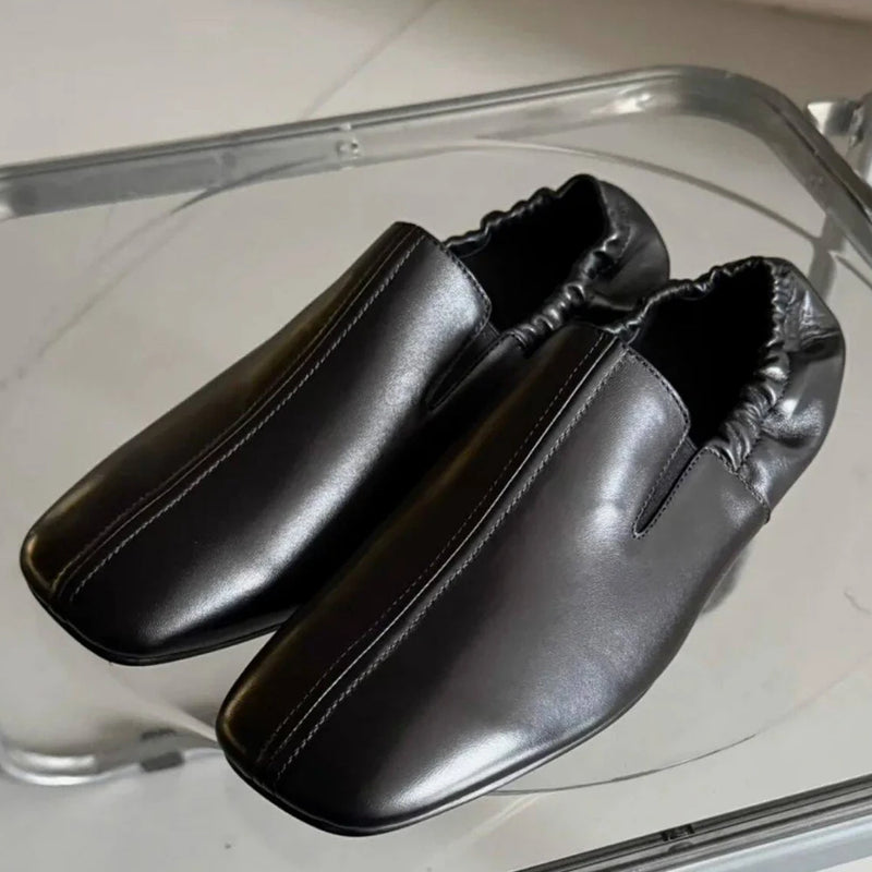 Square Toe Slip On Loafers Men's Black Leather Casual Shoes Business Casual Leather Shoes Flat Trendy Handmade Men's Shoes