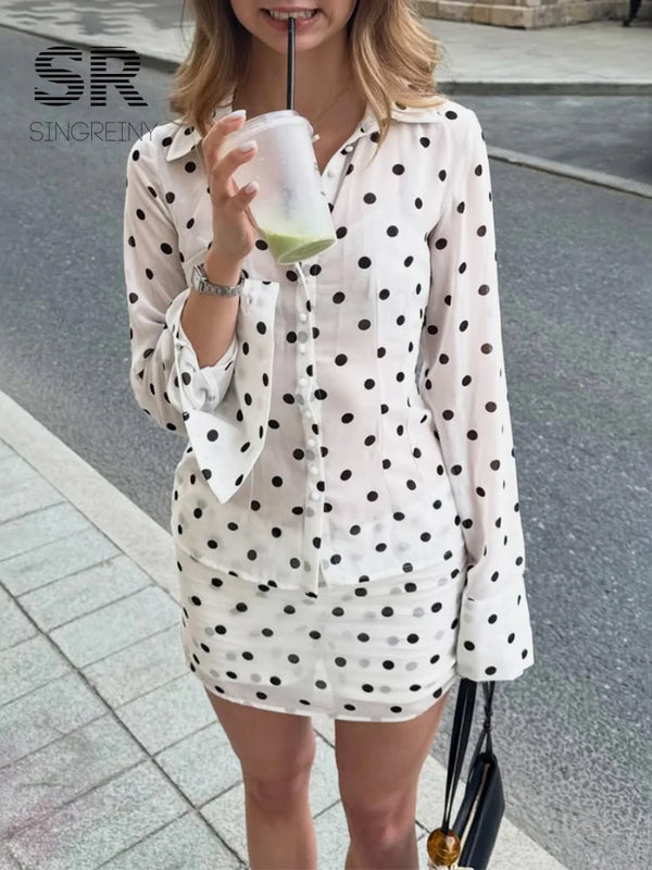 SINGREINY Polka Dot Cotton Blouse Suits Women Lapel Long Sleeves Shirt+Mini Skirt High Quality Autumn Slim Print Skirt Sets