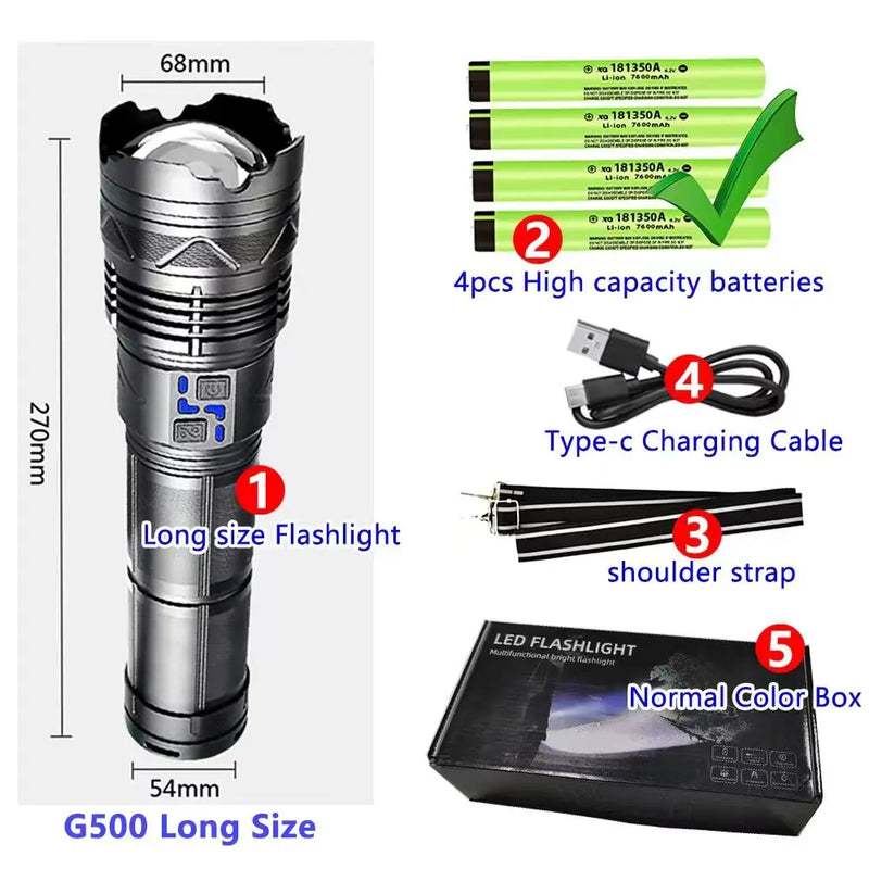 99000000LM Super Bright LED Flashlight 100W GT60 Long Range Powerful Torch Type-c Rechargeable Outdoor Flashlight Power Display