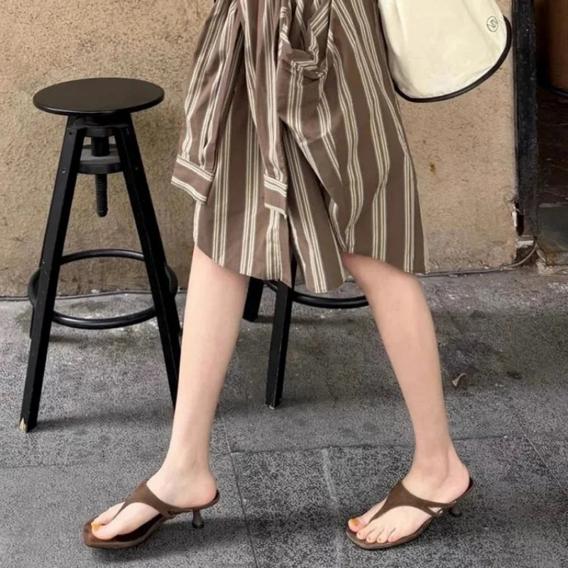 Women's Square Toe Thong Sandals Kitten Heel Slippers Summer Suede Flip Flops Elegant Mules for Ladies Outdoor Casual Dress Shoe