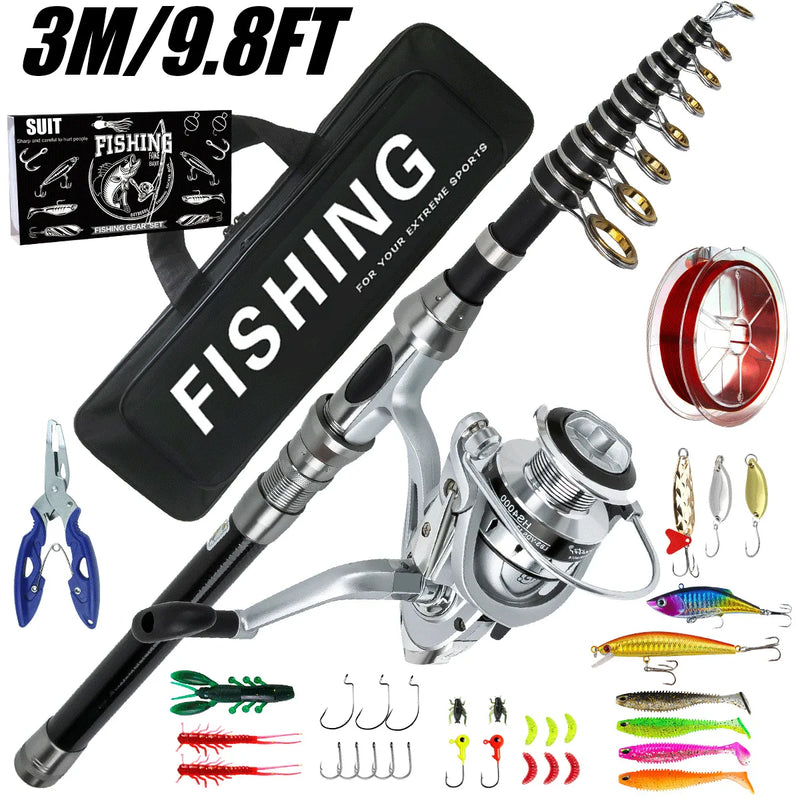 Telescopic Fishing Rod Spinning Reel Combo Full Set Portable Carry Bag Simulation Lures Hooks Line Plier For Saltwater Freshwate