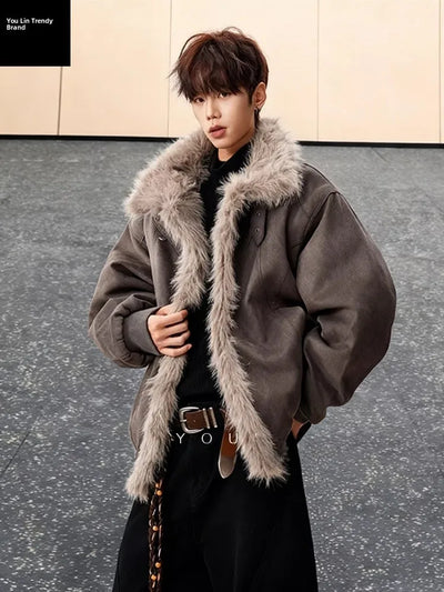 Café Brown Fur Collar Short Thickened Men's Jacket Winter | SAMAG