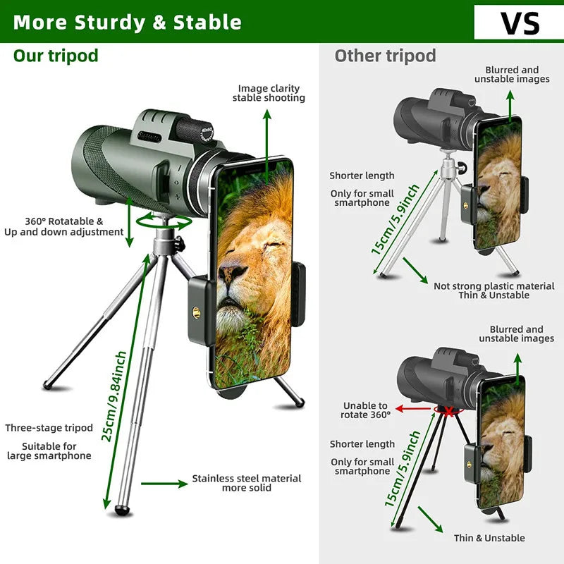 80x100 HD ZOOM Monocular Telescope Portable Powerful Binoculars Long Range Telescope For Hunting Camping With Tripod Phone Clip