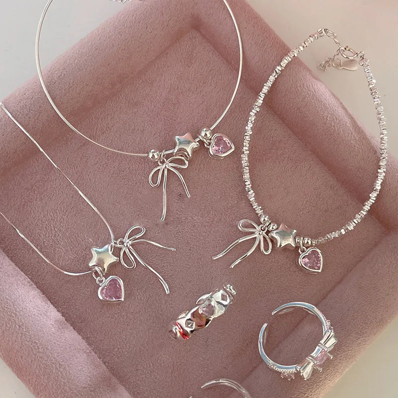 VENTFILLE 925 Sterling Silver Zircon Love Heart Bracelet For Women Bowknot Stars Bead Snake Bone Chain - Visuel 3 | SAMAG