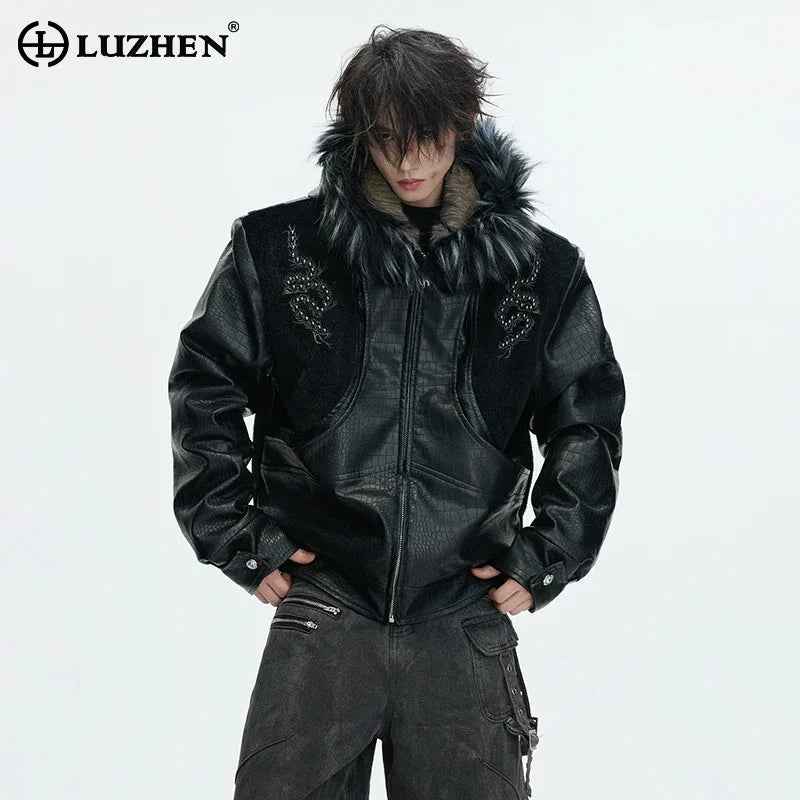 LUZHEN 2025 Winter Embroidery Pattern Patchwork Design Thickened Warm Hooded Padded Coat Men's Fur Leather Parka Jacket JY5616