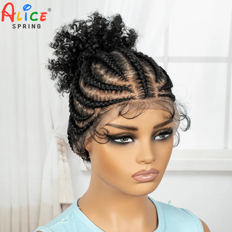 Cornrow Braided Wigs Synthetic Full Lace Braids Wig with Baby Hair Short Afro Curly Knotless Braided Lace Wig for Black Women