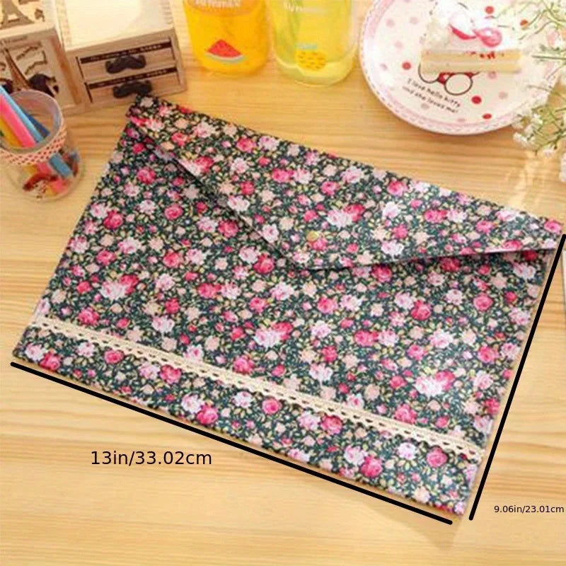 1PC A4 File Folder Elegant Little Flowers Fabric Paper Holder Floral Large Capacity Document Bag Filing Briefcase Organizer Bag