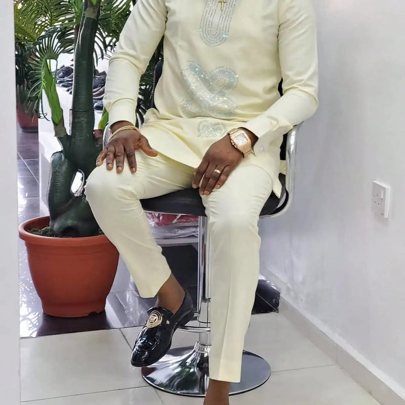 White Kaunda Suit Tuxedo Outfits Summer Short Sleeve Tops Pants with Pockets African Ethnic Casual Clothing Men Tuxedo 2PCS Suit