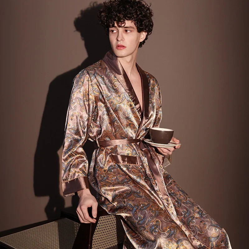 Men Summer Thin Bathrobe High Quality Nightrobes One-Piece Robe Male Loungewear Gents Spring Large Size Ice Silk Printed Pajamas