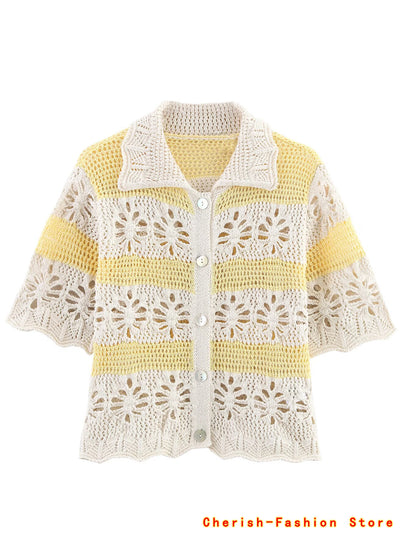 Embroidery Hollow out Blouse Top Short Sleeve Cardigan | SAMAG