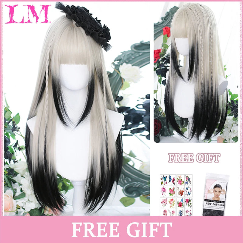LM Medium Length Pink Cosplay Wig Heat Resistant Costume Party Synthetic Wigs 2 Clip On Ponytail 7 Colors