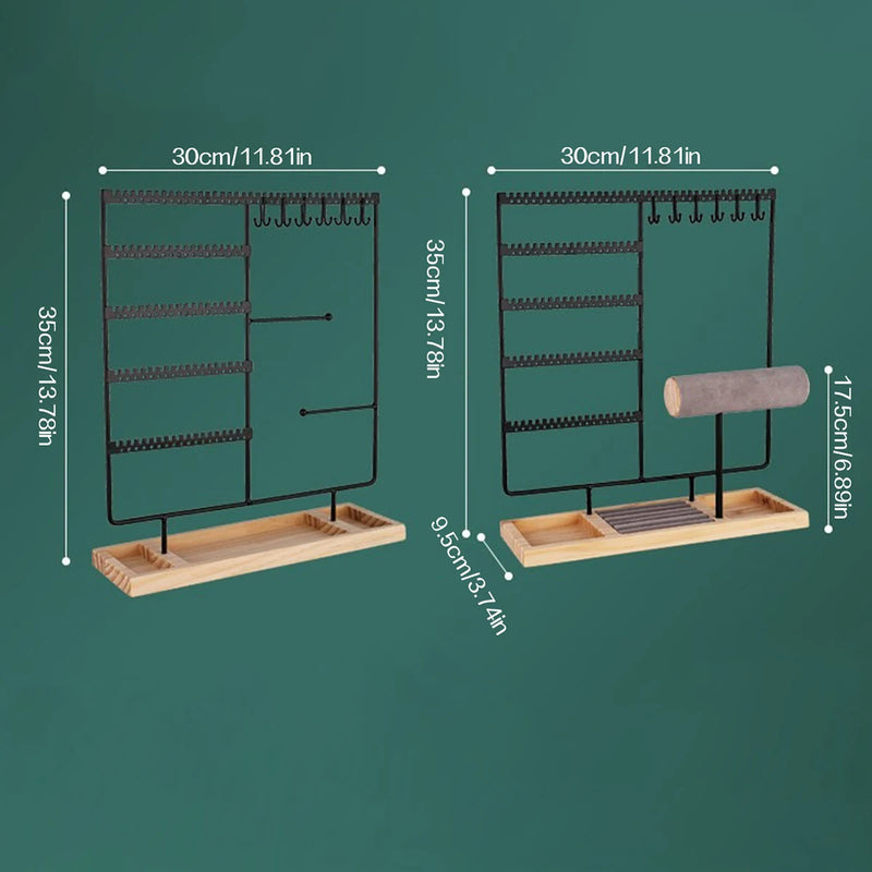 Metal Jewelry Organizer Stand with Wooden Tray - Multi-Functional Storage for Earrings, Necklaces, Bracelets & Rings