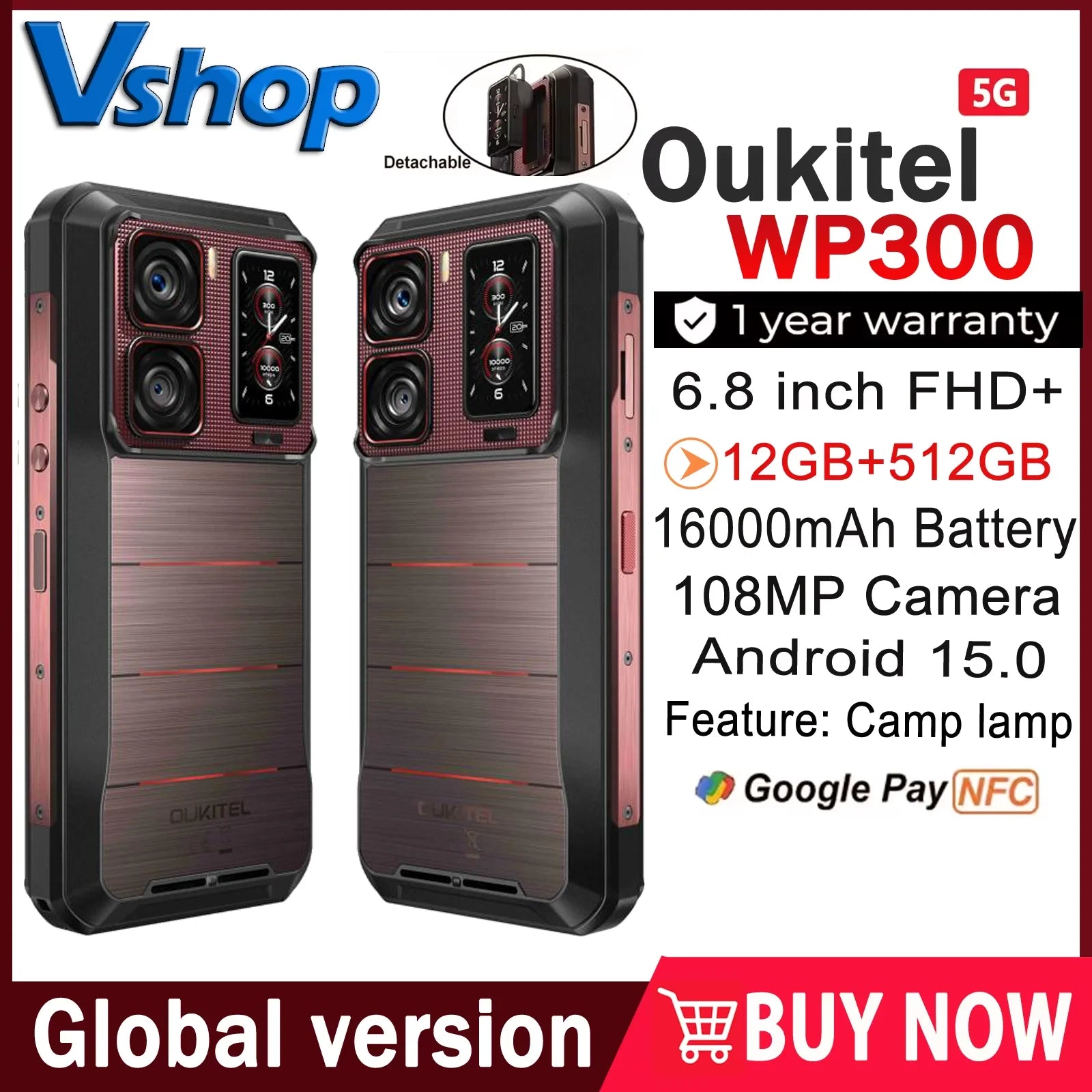 Oukitel WP300 Rugged Smartphone 12GB+512GB 120W Android 15  Modular detachable Earbud 16000mAh 6.78" 108MP Camera 5G CellPhone