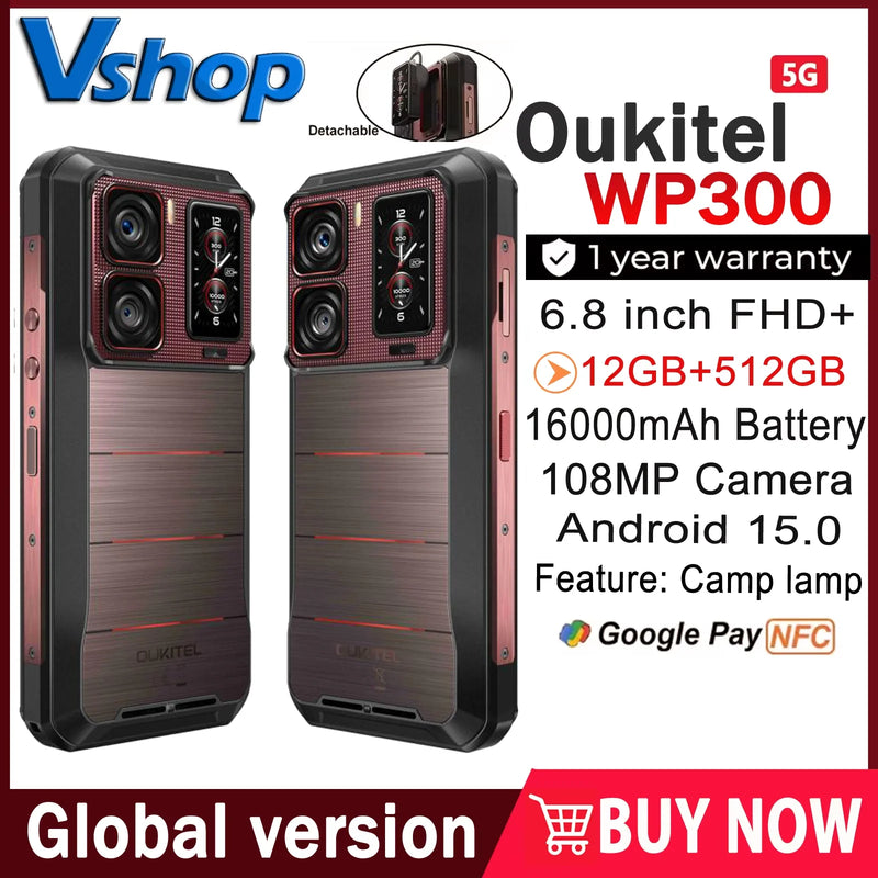 Oukitel WP300 Rugged Smartphone 12GB+512GB 120W Android 15  Modular detachable Earbud 16000mAh 6.78" 108MP Camera 5G CellPhone