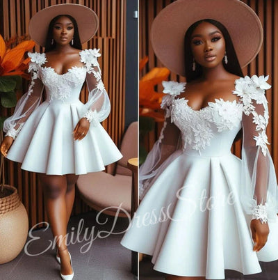 Customized White Satin Evening Dress Women Lace Knee | SAMAG