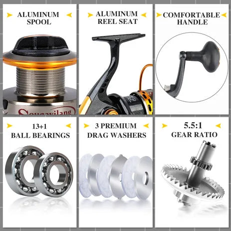 Sougayilang Fishing Rod Reel Combo High Sensitivity Fiberglass Telescopic Fishing Rod 5.5:1 Gear Ratio Spinning Reels Set Pesca