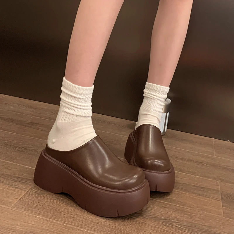 Women Platform Mules Slip On Clogs Solid PU Round Toe 6-8CM High Thick Sole Casual Daily Walking Autumn Outdoor Ladies Footwear