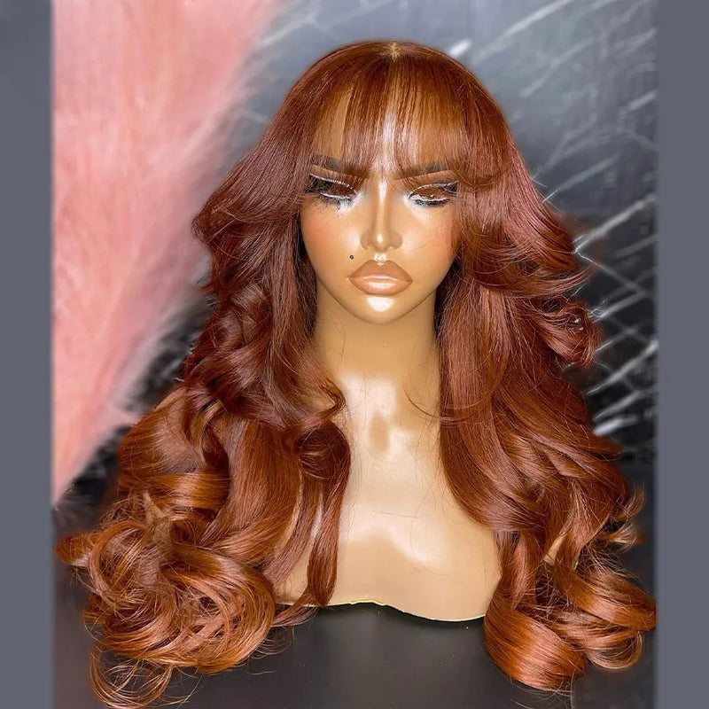 Chocolate Brown Wig Body Wave Lace Front Wig With Bangs 13x4 HD Synthetic Lace Frontal Wig for Women Glueless On Clearance Sale