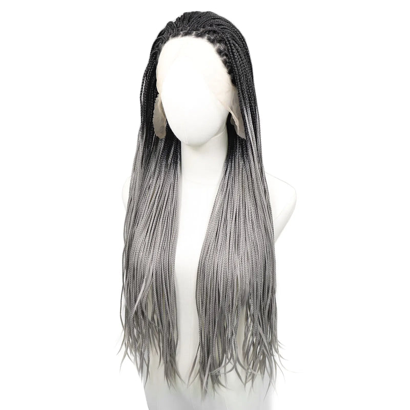 Ombre Grey Box Braided Wigs Braids For Black Women 26Inch Long Crochet Braids Synthetic Hair Wig Dark Roots 13x3 Lace Front Wig
