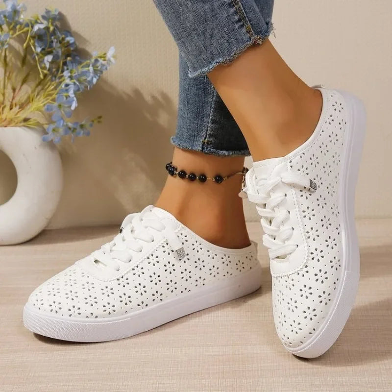 Women White Hollow Cutout Backless Mule Sneakers Breathable PU Leather Upper No Tie Laces Slip‑On Summer Casual Flat Shoes