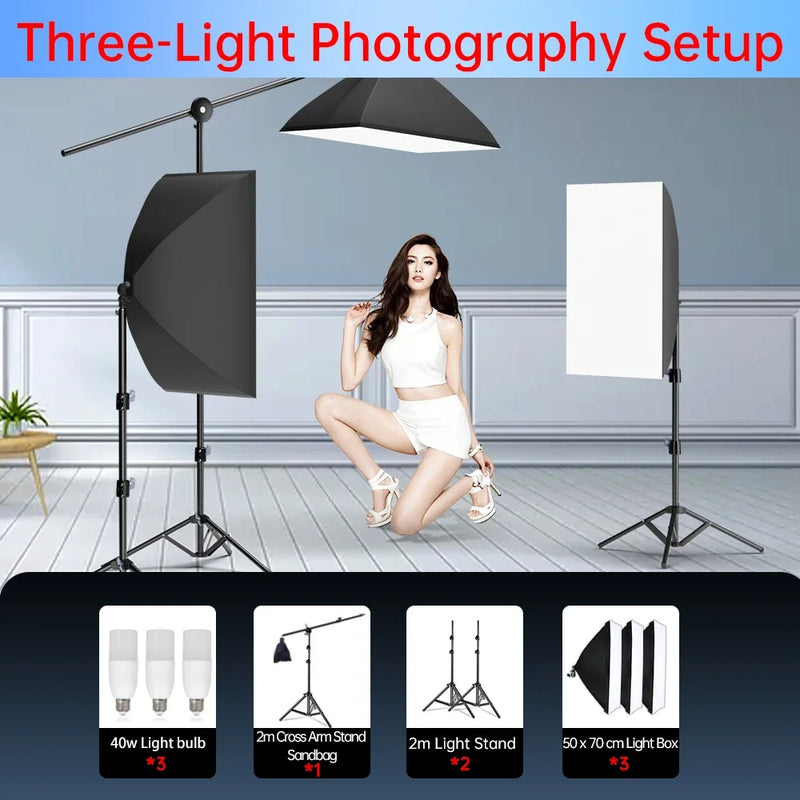 50x70cm Softbox 45W/70W Bulb Photography Studio Photo Lighting Kit Continuous Light System For Camera With  Remote Control