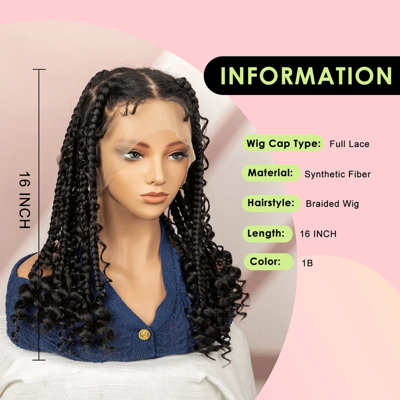 Full Lace Braided Wigs 16 In Synethetic Crochet Hair Wig Box Braids Boho Hairstyles Wigs for Women Short Bob Wig Knotless