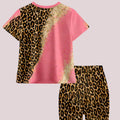 Pink leopard print patchwork casual T - shirt and shorts - View 3 | SAMAG