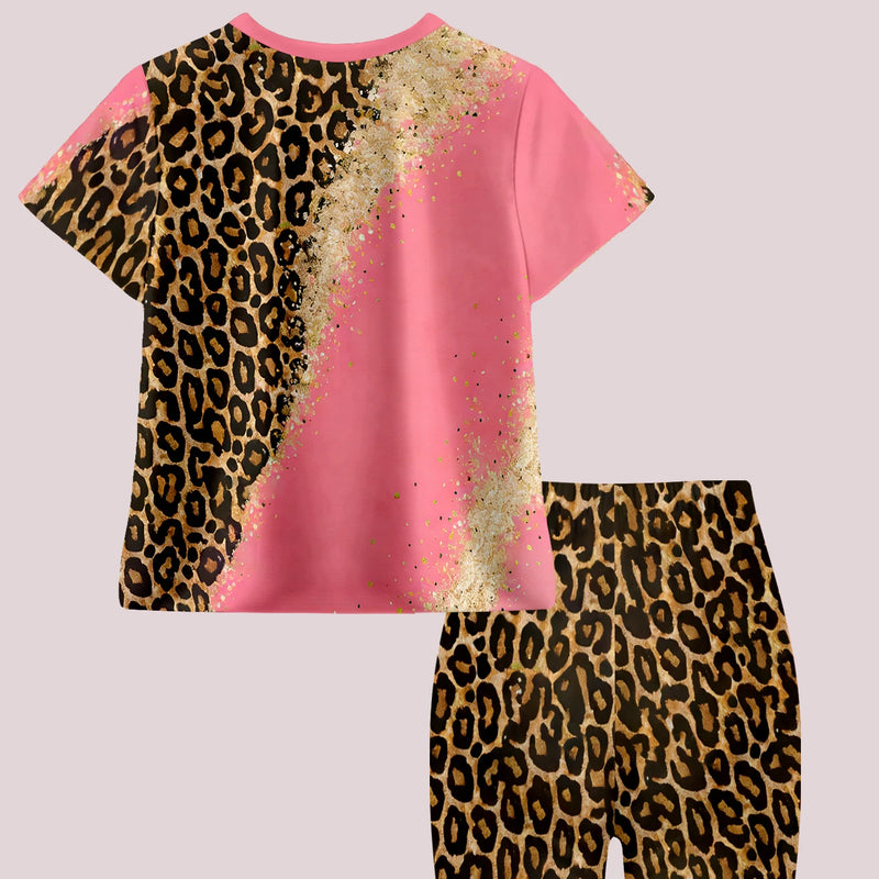 Pink leopard print patchwork casual T - shirt and shorts - View 3 | SAMAG
