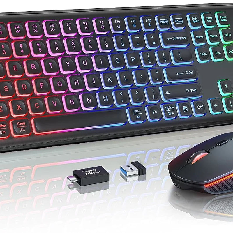 Wireless Keyboard and Mouse Combo RGB Backlit, Rechargeable Light Up Letters, Full-Size, Ergonomic, Sleep Mode, 2.4GHz