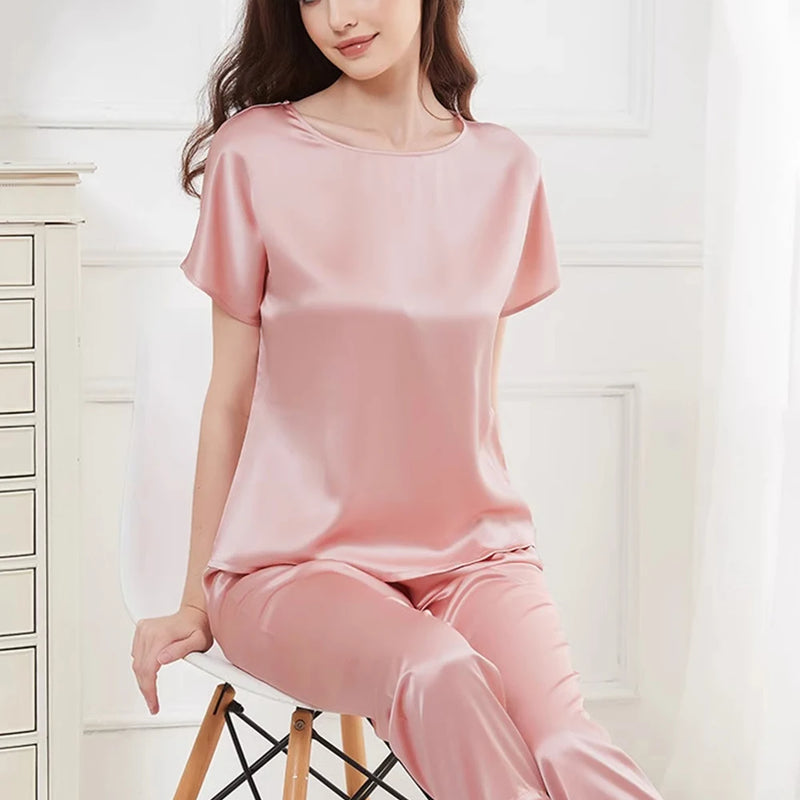 Pajama Set for Women 2 Piece Capri Pants Short Sleeve Top 19 Momme Mulberry Silk Sleepwear Pjs Loungewear M-3XL