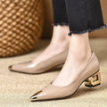 2025 Spring/Autumn New Women's French Retro Metal-Toe High Heels   - Commuter Chunky Heel Pumps,  Gold Buckle Decor  Work Shoes