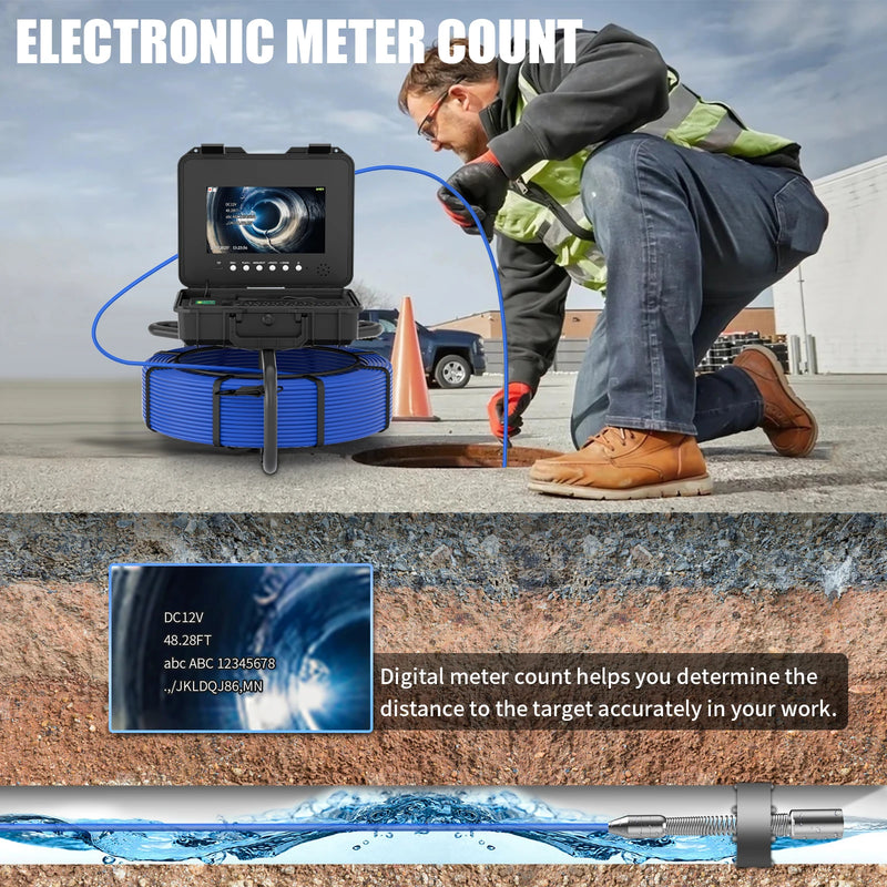 10.1inch IPS Sewer Pipe Inspection Camera with 512hz Locator Meter Counter DVR  7mm Cable Auto Self-Leveling  AHD 1080P Borescop