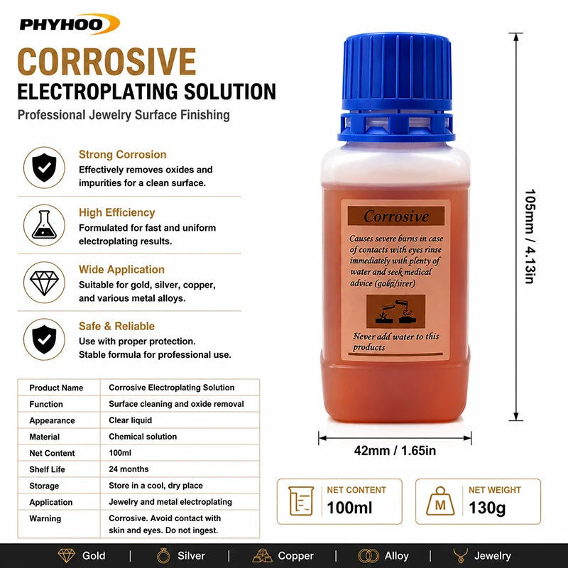 PHYHOO Professional Jewelry Electroplating Solution Kit Gold Silver Rose Plating Formula Fluid System For Workshop DIY Crafts