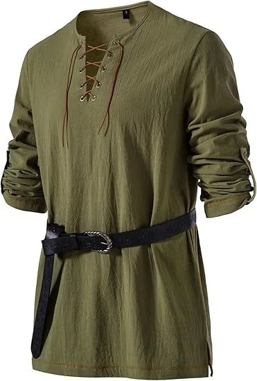 Men Medieval Lace Up Linen Long Sleeve Tunic Viking | SAMAG
