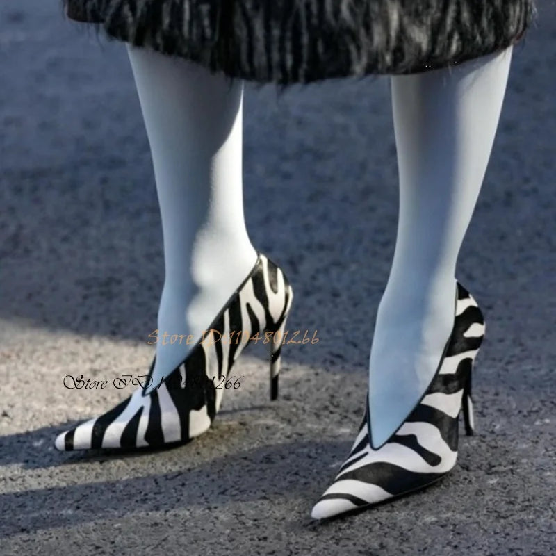 Zebra Pattern Print Leather Stiletto Pumps Pointed Toe Thin Heels Women's Spring Autumn Shallow Slip On Trending High Heels