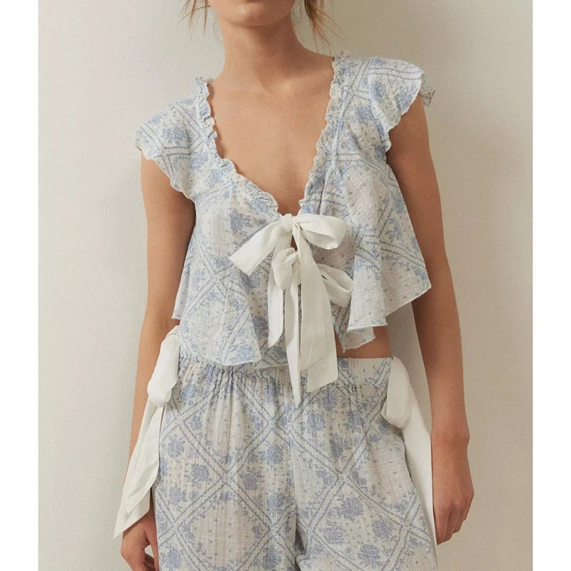 Combhasaki Women Floral Print 2Pcs Loungewear Pjs Set Fly Sleeve Front Bow Tied Ruffle V-Neck Crop Tops+Elastic Waist Long Pants