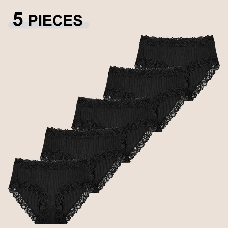 5PCS Seamless Cotton Fabric Panties Women Patchwork Lace Floral Underwear Elastic High Waist Briefs Sexy Female Lingerie S-XXL