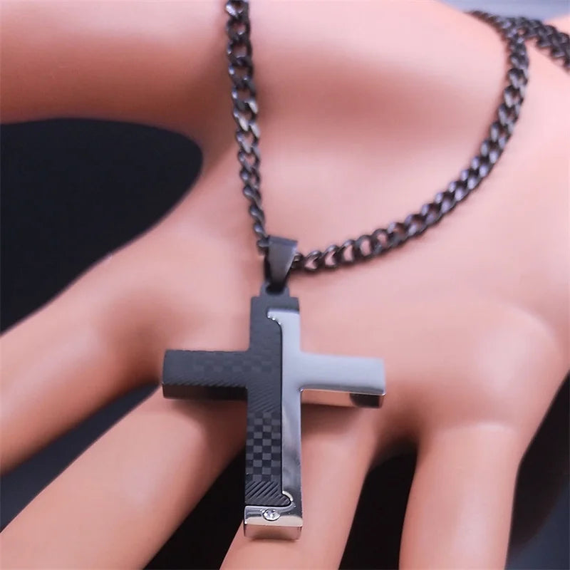 Goth Stainless Steel Cross Pendant Necklace Biker Men Punk Black Silver Color Crucifixion Crystal Necklace Hip Hop Jewelry N6337