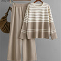 SINGREINY Homewear Loose Knitting Sets Women O-Neck Split Basic Striped Tops+High Waist Wide Legs Pants Autumn Winter 2PC Suits