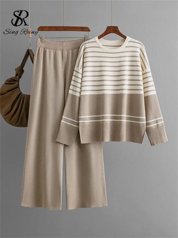SINGREINY Homewear Loose Knitting Sets Women O-Neck Split Basic Striped Tops+High Waist Wide Legs Pants Autumn Winter 2PC Suits