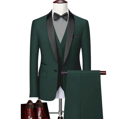 Men Lapel Black Collar Suit Set Coat Vest Trousers | SAMAG