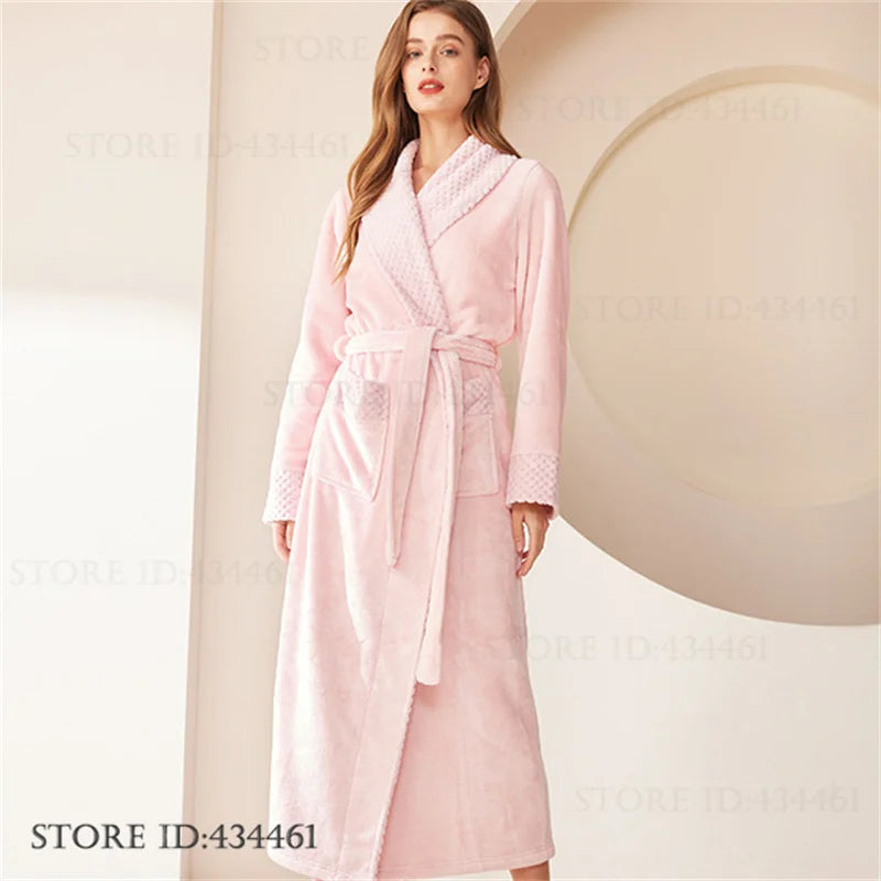 Large Size Flannel Men's Long Robe Kimono Gown Winter Thicken Sleepwear Loungewear Loose Coral Fleece Couple Pajama Home Clothes