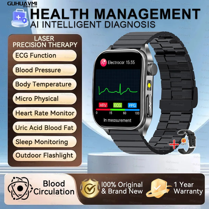 Health managed Non-Invasive Laser Physiotherapy Smart Watch Blood Pressure Uric Acid Call ECG+PPG 650nm Laser Smart Watch 2026