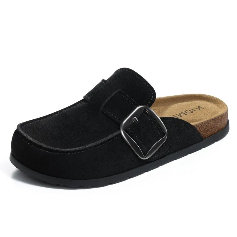 Crestar Women's Genuine Suede Clogs Outdoor Memory Foam Cork Footbed Leather Mules With Adjustable Buckle Lady Slip On Slippers